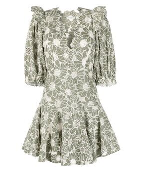 Sandro Sage Green Dress with White Floral Lace SZ 36